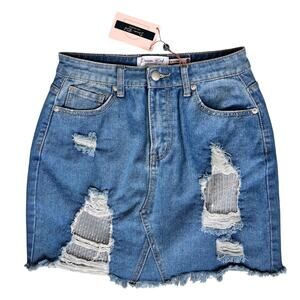 NEW Denim Distressed Jeans Mini Skirt Women's Medium Sequins Casual Grunge Sexy